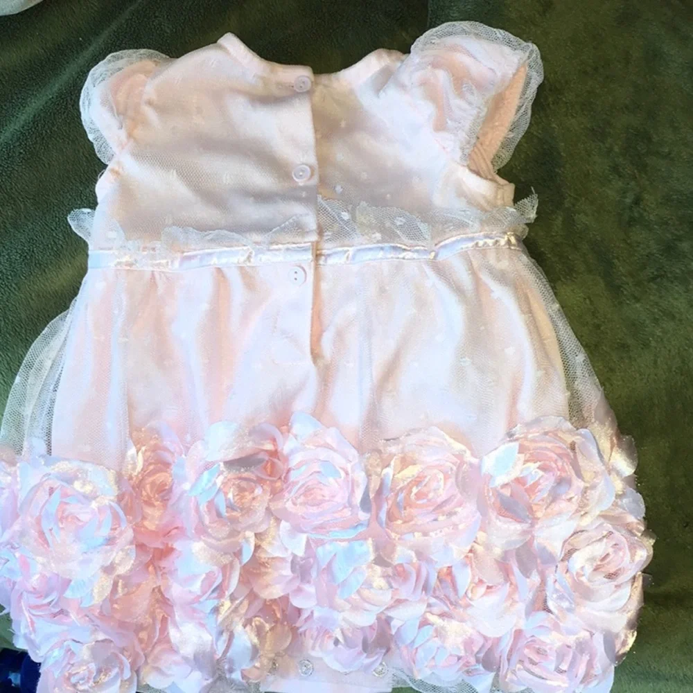 Pink Baby dress, 6-9 Month, rosette petals, Soft,nylon,bottom snaps. washable. - Picture 7 of 11